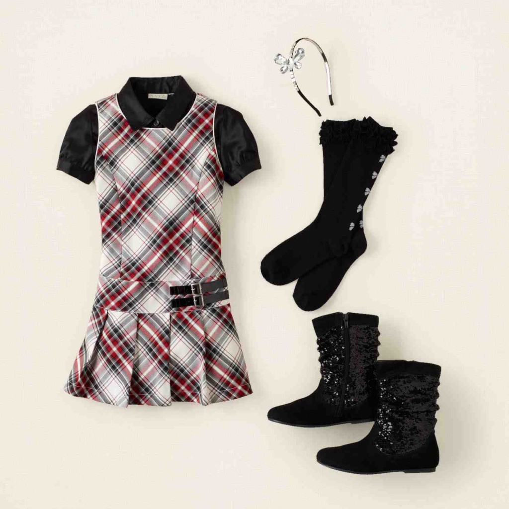 Plaid Jumper, Satin Ruffle Top, Sparkly Sienna Boot, Headband
