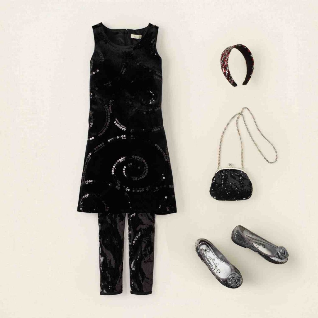 Shine Jumper Dress, Sequined Leggings, Sweet Kay Ballet Flats, Purse and Headband