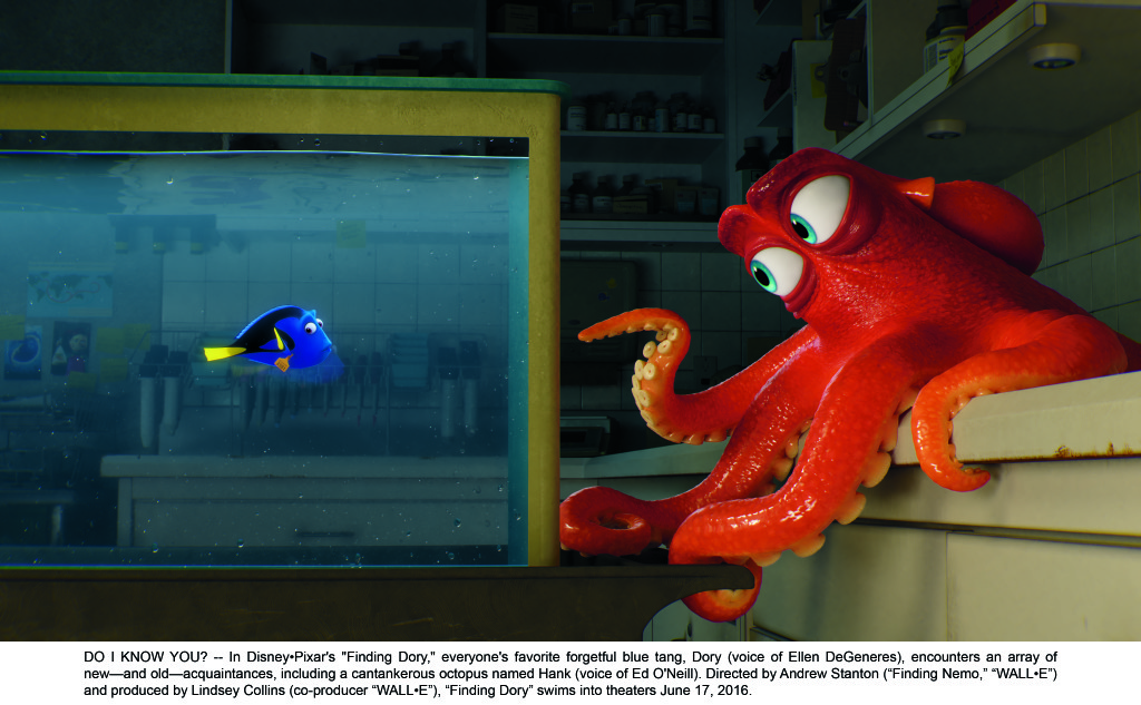 DO I KNOW YOU? -- In Disney?Pixar's "Finding Dory," everyone's favorite forgetful blue tang, Dory (voice of Ellen DeGeneres), encounters an array of new?and old?acquaintances, including a cantankerous octopus named Hank (voice of Ed O'Neill). Directed by Andrew Stanton (?Finding Nemo,? ?WALL?E?) and produced by Lindsey Collins (co-producer ?WALL?E?), ?Finding Dory? swims into theaters June 17, 2016.