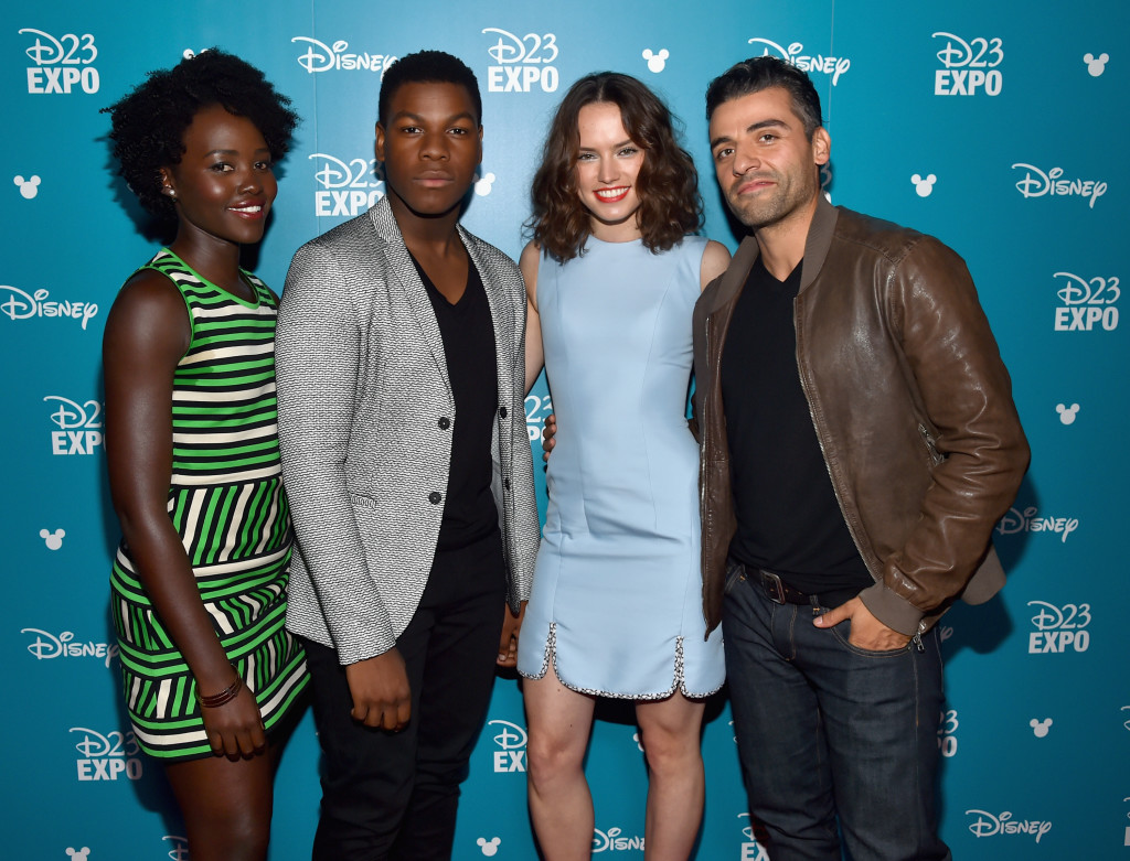 ANAHEIM, CA - AUGUST 15:  (L-R) Actors Lupita Nyong'o, John Boyega, Daisy Ridley and Oscar Isaac of STAR WARS: THE FORCE AWAKENS took part today in "Worlds, Galaxies, and Universes: Live Action at The Walt Disney Studios" presentation at Disney's D23 EXPO 2015 in Anaheim, Calif.  (Photo by Alberto E. Rodriguez/Getty Images for Disney) *** Local Caption *** Lupita Nyong'o; John Boyega; Daisy Ridley; Oscar Isaac