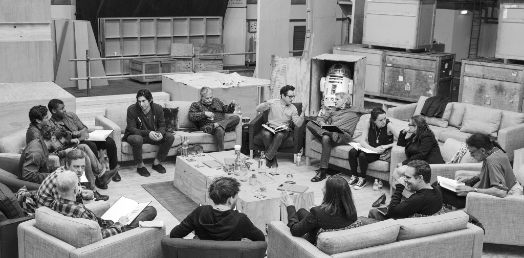 April 29th, Pinewood Studios, UK ? Writer/Director/Producer J.J. Abrams (top center right) at the cast read-through of Star Wars: Episode VII at Pinewood Studios with (clockwise from right) Harrison Ford, Daisy Ridley, Carrie Fisher, Peter Mayhew, Producer Bryan Burk, Lucasfilm President and Producer Kathleen Kennedy, Domhnall Gleeson, Anthony Daniels, Mark Hamill, Andy Serkis, Oscar Isaac, John Boyega, Adam Driver and Writer Lawrence Kasdan...Ph: David James..? Lucasfilm Ltd. & TM. All Rights Reserved