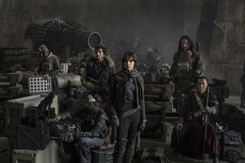 Star Wars: Rogue One..L to R: Actors Riz Ahmed, Diego Luna, Felicity Jones, Jiang Wen and Donnie Yen..Photo Credit: Jonathan Olley Lucasfilm 2016