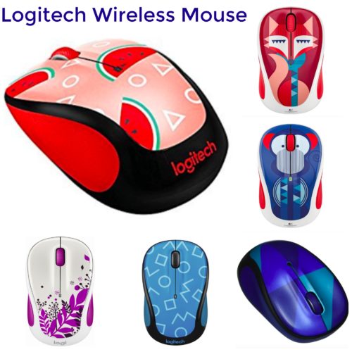 Red, blue and purple patterned Logitech Wireless Mouses