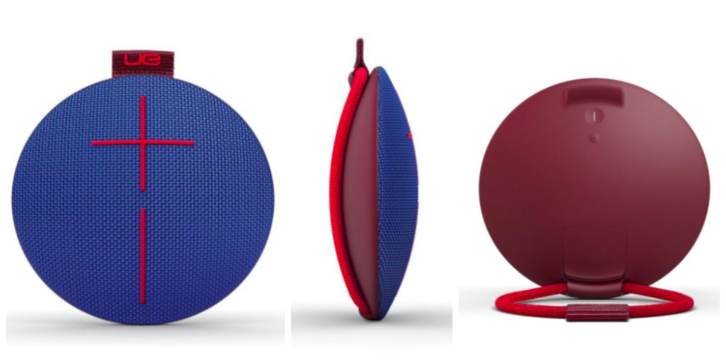 Blue and Red multicolored UE Bluetooth circle speakers.