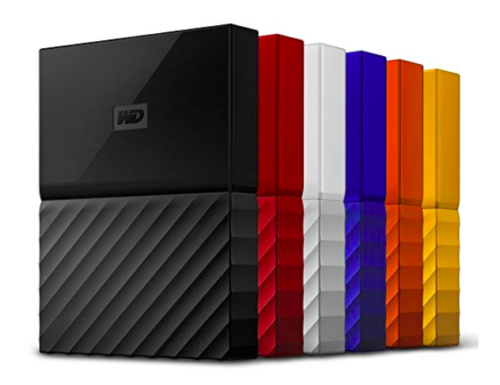 WD External Hardrives in black, red, white, blue, orange and yellow colors. 