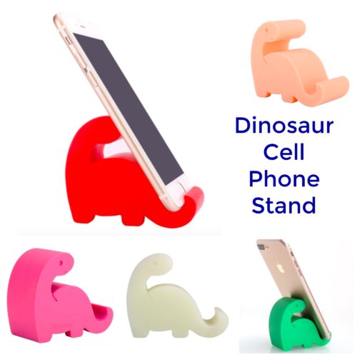 Peach, green, white, pink and red Dinosaur shaped cell phone stand.