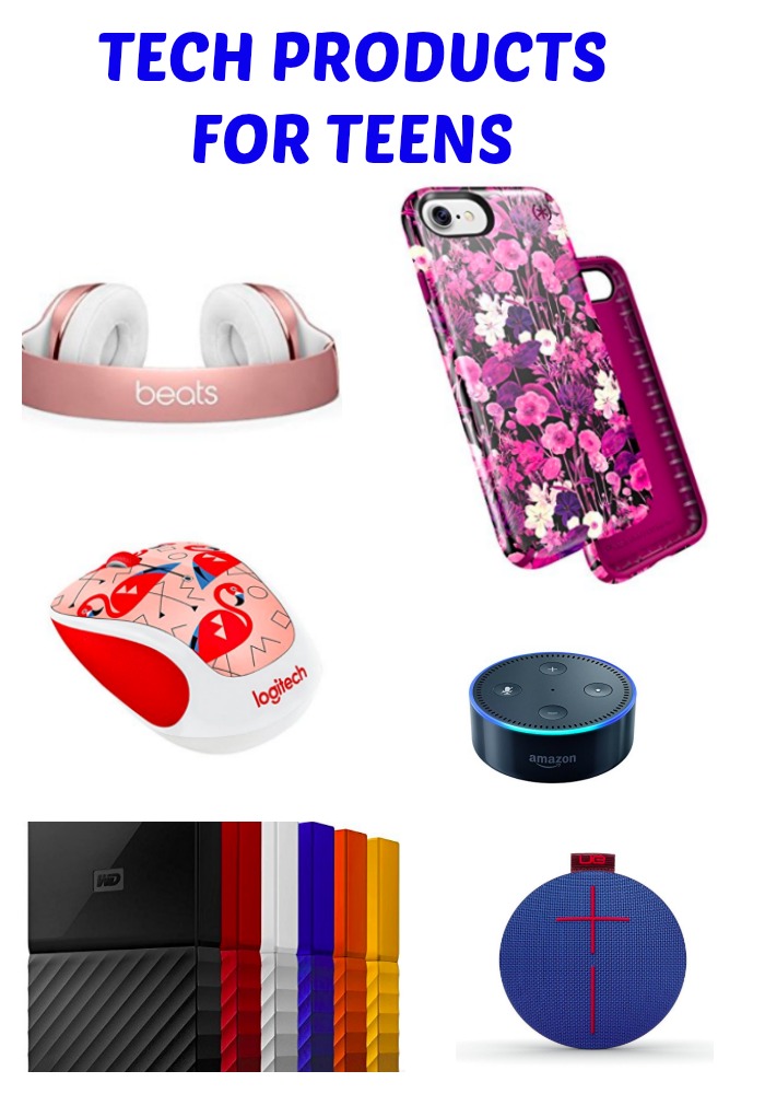 Best tech products for teens including a pink flowered phone case, external hard drives and a wireless mouse. 